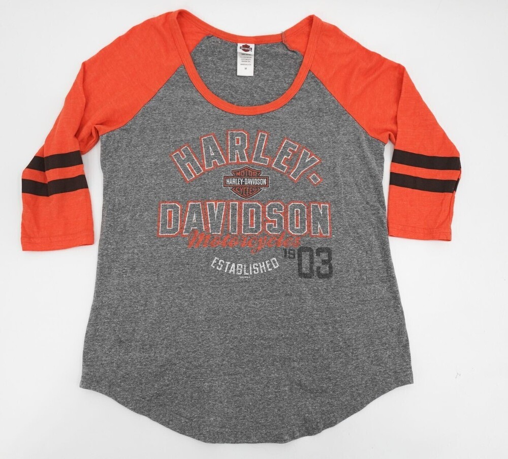 Harley-Davidson T-Shirt Womens Medium Gray Graphic Raglan 3/4 Sleeve Motorcycles